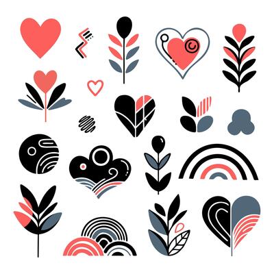 Colorful abstract design featuring hearts, flowers, and geometric shapes in modern style
