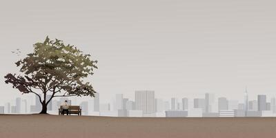 Minimalist landscape with silhouette of man using smartphone sitting on the bench under the tree have skyscrapers far away graphic illustration. vector