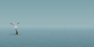 Minimalist seascape have a seagull on a bottle of liquor floating in the middle of the sea graphic illustration. vector