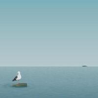 Minimalist seascape have a seagull on a bottle of liquor floating in the middle of the sea have a yacht far away graphic illustration square template. vector