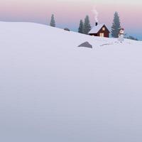 Minimalist snowscape with silhouette lonely country house, pine trees and snowman on the hill covered by snow have dramatic sky behind graphic illustration square template have blank space. vector