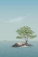 Beach chair on a deserted island in the middle of the ocean with blue sky vertical background illustrated have blank space. Vacation in summer concept. vector
