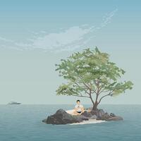 Man using smartphone on a deserted island in the middle of the ocean with blue sky square background illustrated have blank space. vector