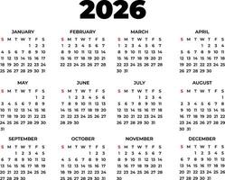 A clean and functional 2026 calendar design in English, showing all months with a clear day and date layout, ideal for planning, scheduling vector