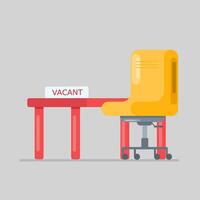 flat illustration with empty employee chair and paper containing vacancy writing, orange chair and red table vector