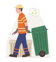 Garbage Collector Man Dragging a Recycle Plastic Garbage Bin for Waste Sorting and Recycle Concept Illustration vector