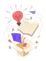 Light Bulb, Books and Paper Plane Bouncing Out of the Box for Thinking Outside the Box and Education Concept Illustration vector