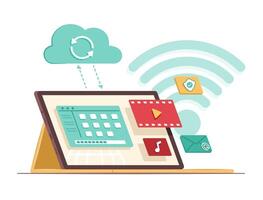 Digital Tablet Device Syncing Data Files from Cloud Computing for Wireless Network Connection Technology Concept Illustration vector