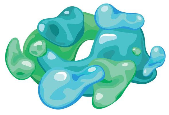 Amorphous shape floating in space. Bubbles of green and blue slime. Banner design, abstract liquid form background. 3d icon. Isolated on a white background