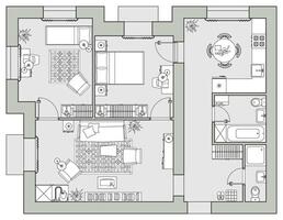 Floor plan of apartments in top view. Layout of the cottage. A project with the arrangement of furniture vector