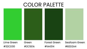 Lime Green, Green, Forest Green, Seafoam Green color palette. Set of bright color palette combination in rgb hex. Color palette for ui ux design. Abstract illustration for your graphic design, banner vector