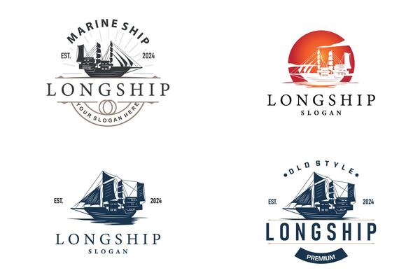 vintage viking longship warship logo traditional ocean sailboat silhouette design set bundle