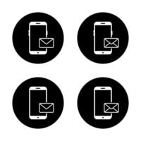 Message phone icon set on black circle. Envelope email on cellphone sign symbol vector