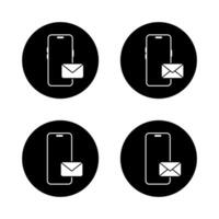 Smartphone email icon set on black circle. Mobile phone with envelope message symbol vector