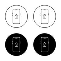 Lock and unlock padlock on smartphone icon on black circle. Security mobile phone sign symbol vector