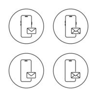 Smartphone email icon set on circle line. Mobile phone with envelope message sign symbol vector