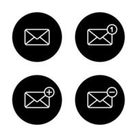 Notification message, add and remove envelope email outline icon on black circle vector