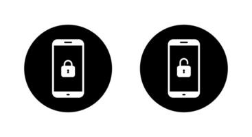 Lock and unlock padlock on phone screen icon on black circle. Security smartphone sign symbol vector