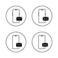 Smartphone email icon set on circle line. Mobile phone with envelope message symbol vector