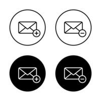 Add and remove envelope message, email outline icon on black circle. Create and delete mail sign symbol vector