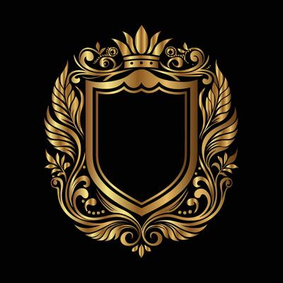 golden shield with ornate design on black background