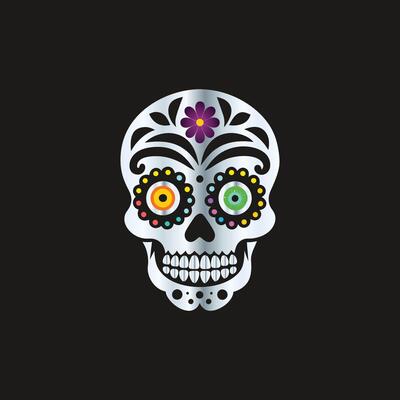 a sugar skull with colorful eyes on a black background