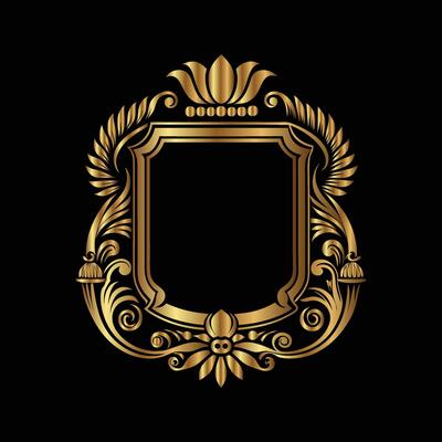 golden ornate frame with a crown and wreath on a black background