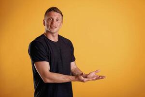 Invisible ,copy space, arms. Man is against background in the studio photo