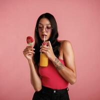 Summer fresh, ice ,cream and orange juice. Beautiful young woman is against background photo