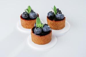Made by professional,, baker. Delicious tart with blueberries against white background photo