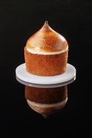 Front view, close up. Delicious ,cake ,,against black background photo