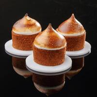 Front view, close up. Delicious ,cake,,against black background photo