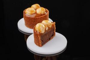 Front view,, close up. Delicious cake, against black background photo