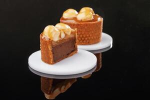Front view,, close up. Delicious cake against black background photo