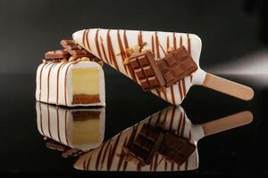 Side, view.. Tasty cheesecakes on the black background photo