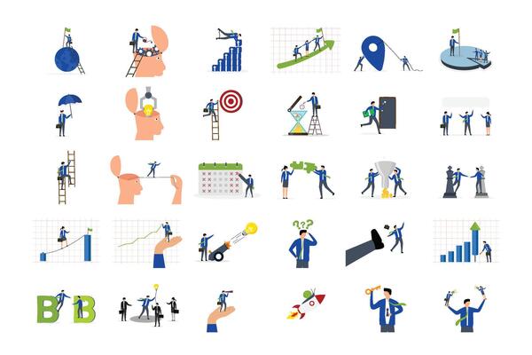 Business illustrations, Collection of scenes with men and women taking part in business activities