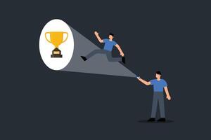 managers support employees to find success careers, boss use flashlight to light the way and help achieve success trophies. vector