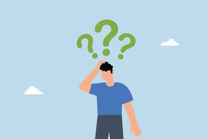 thinking to make decision. Businessman with suspicious gesture thinking about something with question mark. vector