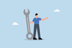 Fix business problem, businessman carrying large wrench metaphorically vector