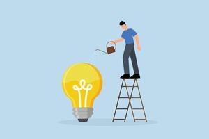 Idea development, businessman is watering light bulb with ladder to fill it with fluids. vector
