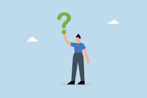 problem addressing in business. Businesswoman contemplating options while holding large question mark. vector
