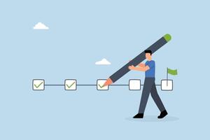 Project tracking, project manager with big pen to check completed tasks on project management timeline. vector