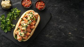 Top View Lobster Roll With Butter, Food Setting photo