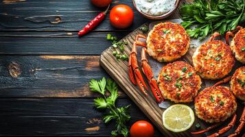 Top View Maryland Crab Cakes With Remoulade, Food Setting photo