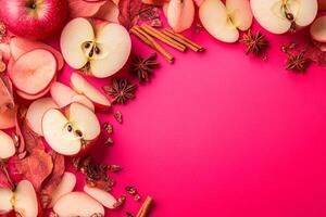 Top View Of Apple Cinnamon Crisps On Vibrant Background With Copy Space, Food Photography photo