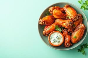 Top View Of Buffalo Chicken Wings With Blue Cheese On Vibrant Background With Copy Space, Food Photography photo