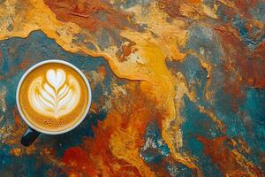 Top View Of Cappuccino With Foam Art On Vibrant Background With Copy Space, Food Photography photo