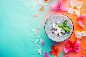 Top View Of Chia Seed Pudding With Coconut Flakes On Vibrant Background With Copy Space, Food Photography photo
