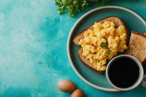 Top View Of Breakfast Platter With Pancakes And Sausage On Vibrant Background With Copy Space, Food Photography photo