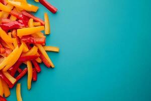 Top View Of Chicken Fajitas With Peppers And Onions On Vibrant Background With Copy Space, Food Photography photo
